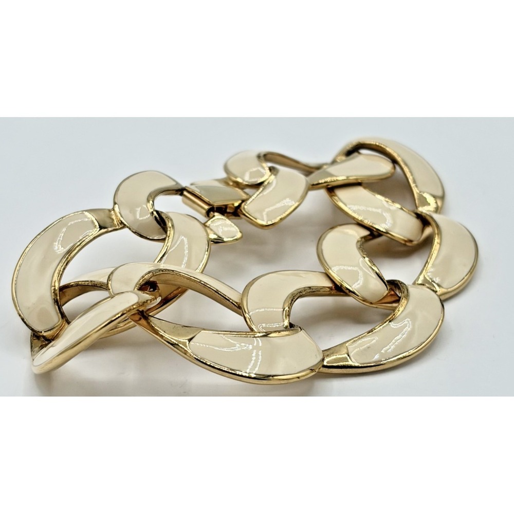 Vintage Napier Gold Tone Cream Enamel Chunky Interlocking Link Bracelet 6.75"